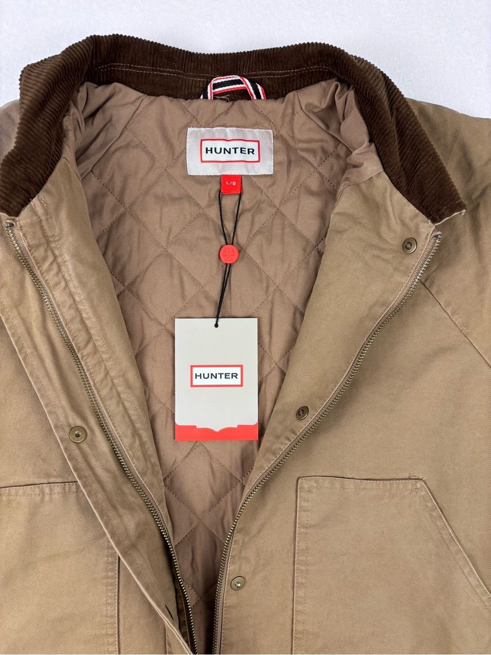 Hunter Women’s Tan Barn Jacket Corduroy Collar Quilted NWT Large - Picture 4 of 13